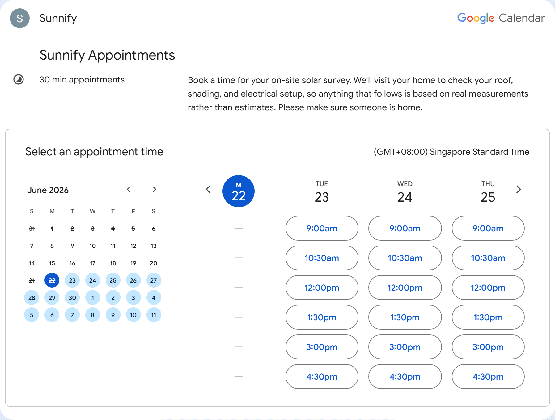 Google Calendar booking widget for scheduling an on-site solar survey