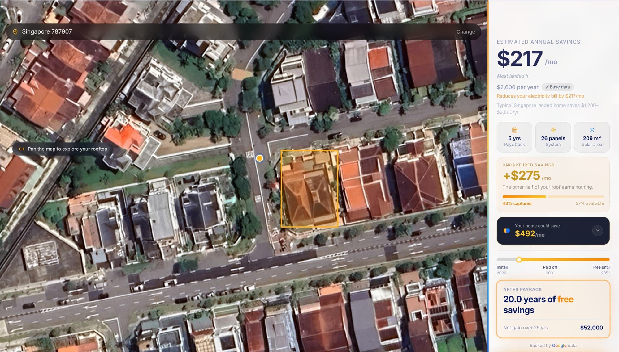 Sunnify Lens roof analysis showing a detected roof outline and estimated monthly savings